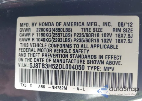 2013 Acura Rdx z USA, uszkodzony, nr VIN 5J8TB3H52DL004050